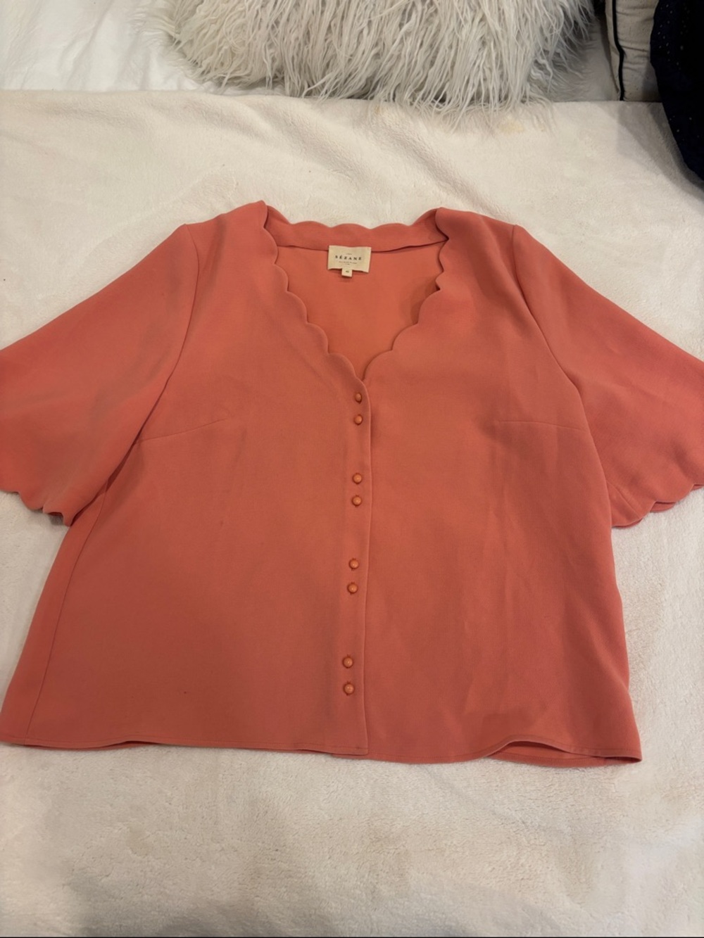 Sezane Scallop-Edge Button Front Women's Top in Coral